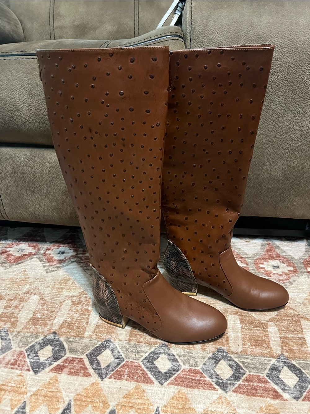 Women’s Tall Brown Leather ostrich Riding Boots